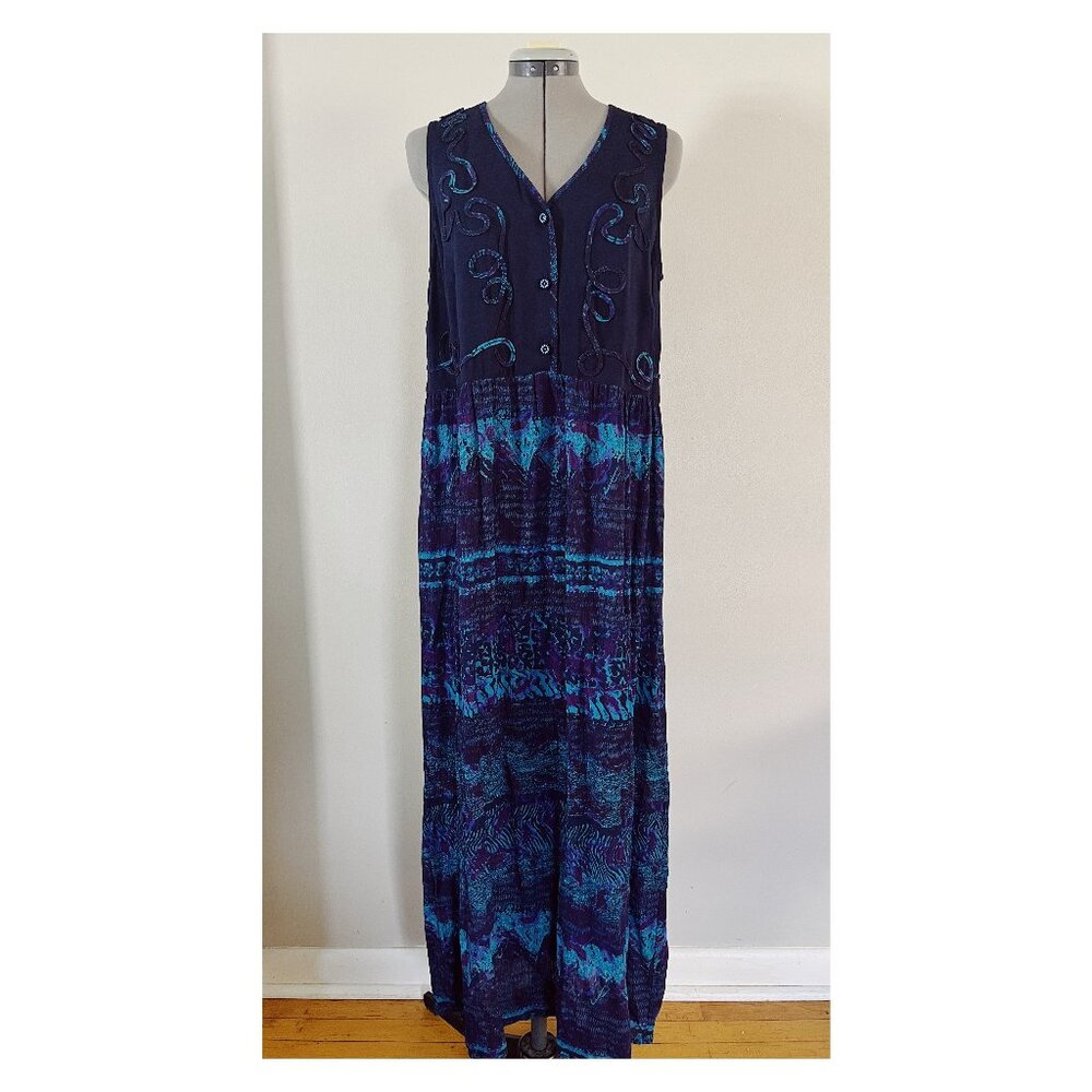 VTG Carole Little Sz 12 Rayon Maxi Tank Dress in Blue and Purple 90s